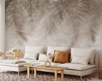 Neutral Leaves Wallpaper, Peel and Stick, Beige Bohemian Wall Decor, Palm Leaf Wallpaper, Soft Tropical Leaves Mural,Self Adhesive Removable