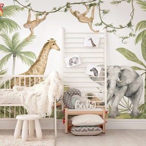 Watercolor Safari Jungle Animals Kids Wallpaper, Peel and Stick, Cute Animals Nursery Wallpaper, Tropical Trees Wall Mural, Self Adhesive