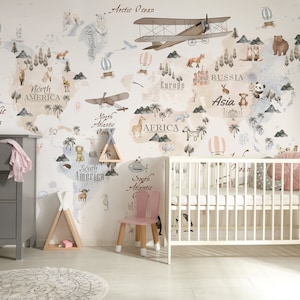 Watercolor Child Map Wallpaper, Nursery Peel and Stick, Cute World Map with Animals Wall Mural, Balloons and Airplanes, Baby Room Decor