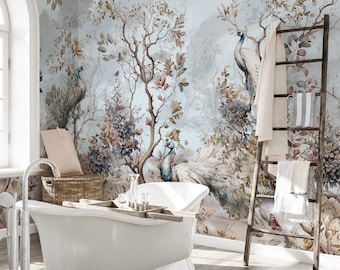 Chinoiserie Wallpaper, Peel and Stick or Traditional, Watercolor Peacock with Tree Wall Mural, Self Adhesive Floral Wallpaper, Removable