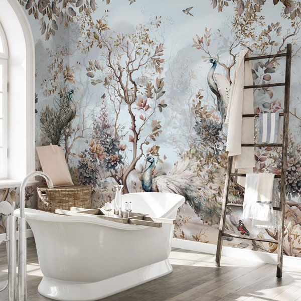 Chinoiserie Wallpaper, Peel and Stick or Traditional, Watercolor Peacock with Tree Wall Mural, Self Adhesive Floral Wallpaper, Removable