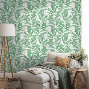 Watercolor Green Leaves Wallpaper, Peel and Stick, Boho Leaves Branches Removable Wall Mural, Hand painting Leaves Self Adhesive Wallpaper