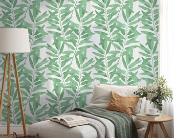 Green Leaves Watercolor Wallpaper: Boho Peel and Stick Wall Mural