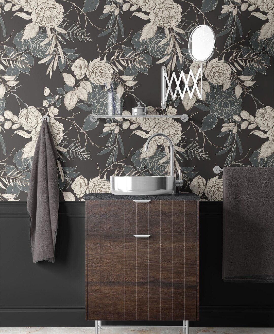 Dark Botanical Bathroom Wallpaper