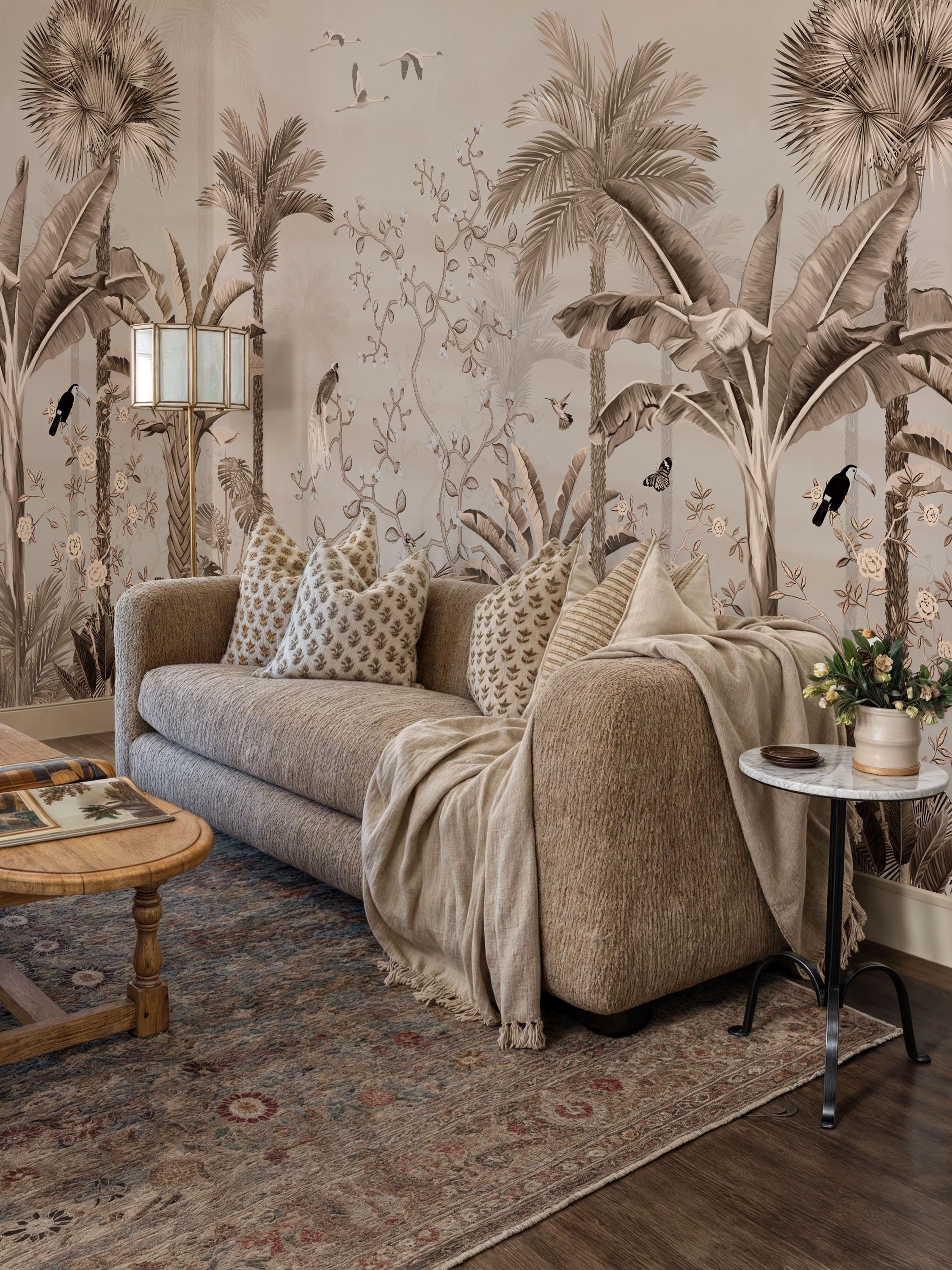 Tropical Palm Leaf Wallpaper: Boho Beige Peel and Stick Mural - Etsy