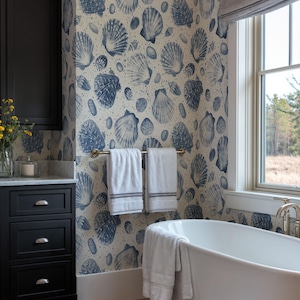 Watercolor Seashell Wallpaper, Peel and Stick or Traditional, Navy Blue Beach House Wall Decor, Nautical Self Adhesive Mural, Removable