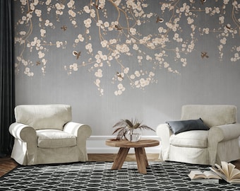 Gray Chinoiserie Wallpaper: Birds and Flowers, Vintage Style, Peel and Stick