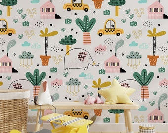 Cute Nursery Wallpaper, Peel and Stick, Cute Elephants, Cars Wall Mural, Simple Cartoon Baby Room Removable Wallpaper, Self Adhesive