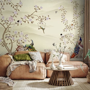 Chinoiserie Wallpaper Peel and Stick, Watercolor Chinese Birds with Tree Wall Mural, Peacock Removable Wallpaper, Floral Self Adhesive Mural image 2