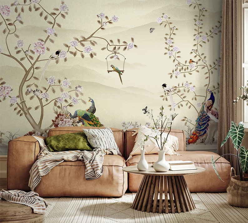 Chinoiserie Wallpaper Peel and Stick, Watercolor Chinese Birds with Tree Wall Mural, Peacock Removable Wallpaper, Floral Self Adhesive Mural image 2