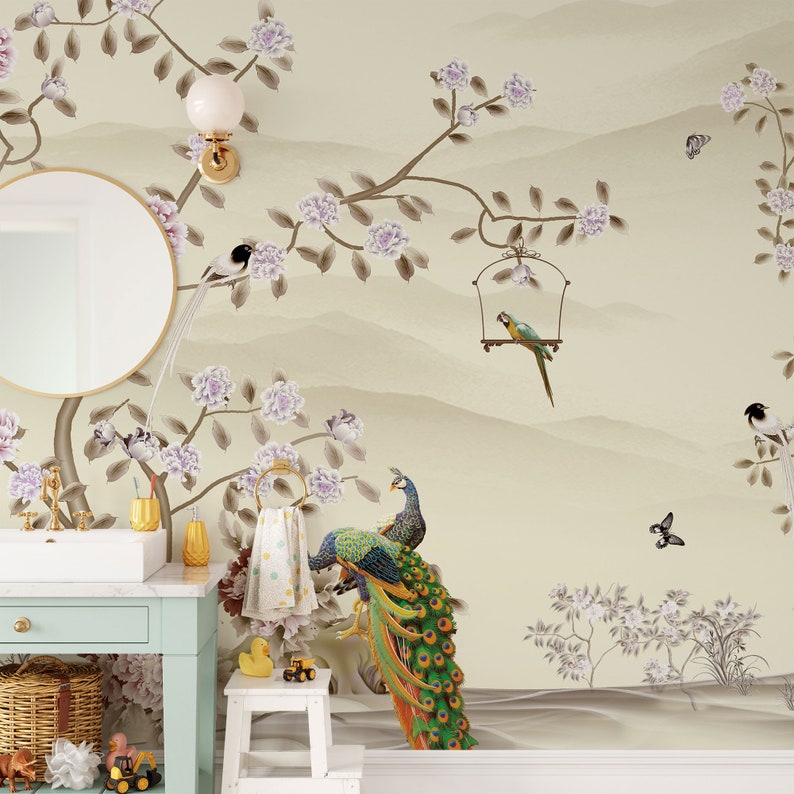 Chinoiserie Wallpaper Peel and Stick, Watercolor Chinese Birds with Tree Wall Mural, Peacock Removable Wallpaper, Floral Self Adhesive Mural image 5