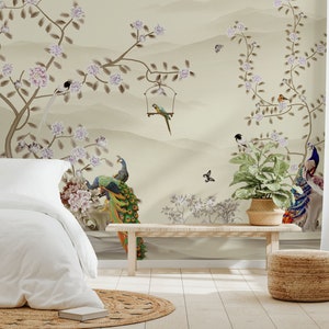 Chinoiserie Wallpaper Peel and Stick, Watercolor Chinese Birds with Tree Wall Mural, Peacock Removable Wallpaper, Floral Self Adhesive Mural image 1
