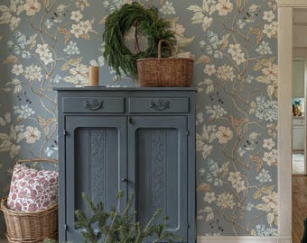 Watercolor Floral Wallpaper, Peel and Stick, Delicate Branches and Flowers Self Adhesive Mural, Elegant Botanical Removable Wallpaper
