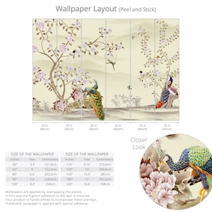 Chinoiserie Wallpaper Peel and Stick, Watercolor Chinese Birds with Tree Wall Mural, Peacock Removable Wallpaper, Floral Self Adhesive Mural image 9