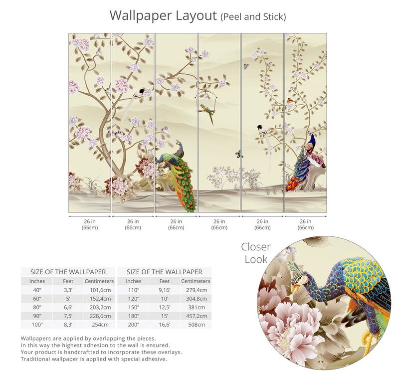 Chinoiserie Wallpaper Peel and Stick, Watercolor Chinese Birds with Tree Wall Mural, Peacock Removable Wallpaper, Floral Self Adhesive Mural image 9