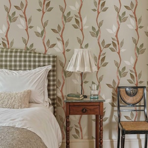 Watercolor Branches and Leaves Wallpaper, Peel and Stick, Neutral Botanical Wall Mural, Minimalist Self Adhesive Wallpaper, Removable Mural
