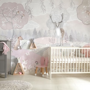 Woodland Animal Nursery Wallpaper, Soft Colors Animals Wallpaper for Kids, Peel and Stick, Watercolor Girls Room Removable Wallpaper