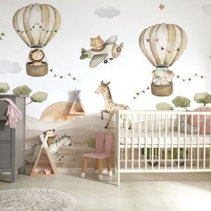 Watercolor Safari Animals Kids Wallpaper, Peel and Stick, Cute Animals with Hot Air Balloons in the Sky Wall Mural, Nursery Removable Mural