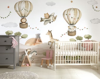 Watercolor Safari Animals Kids Wallpaper, Peel and Stick, Cute Animals with Hot Air Balloons in the Sky Wall Mural, Nursery Removable Mural
