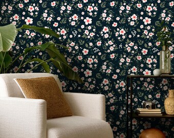 Navy Blue Floral Peel and Stick Wallpaper: Botanical Mural