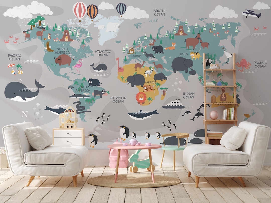 Animal World Map Wallpaper: Kids Nursery Decor (peel and Stick) - Etsy