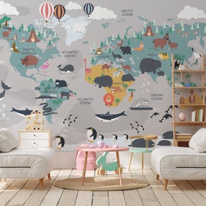 Cute Animals World Map Wallpaper, Nursery Wallpaper, Kids Wallpaper Peel and Stick, Educational Continent World Map Wall Mural, Removable