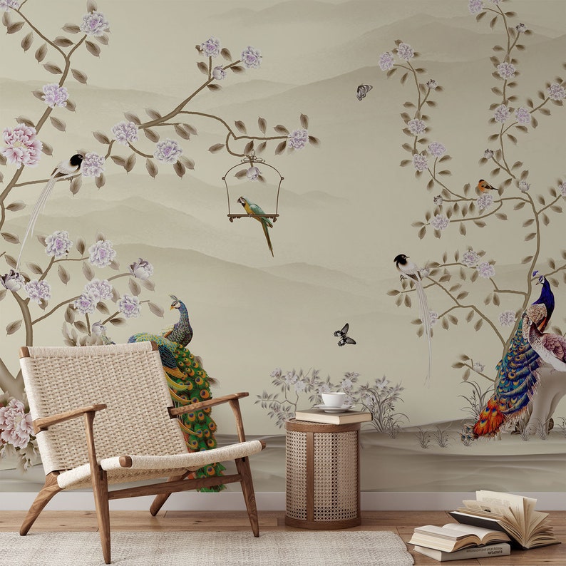 Chinoiserie Wallpaper Peel and Stick, Watercolor Chinese Birds with Tree Wall Mural, Peacock Removable Wallpaper, Floral Self Adhesive Mural image 7