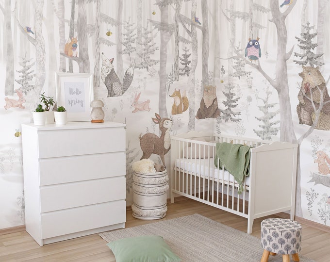 Nursery Forest Wallpaper, Nursery Boho Wall Mural, Woodland Forest
