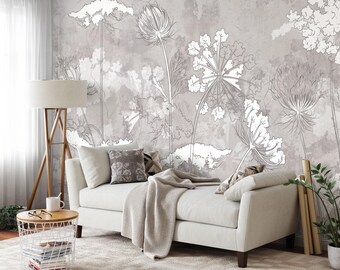 Abstract Floral Peel and Stick Wallpaper, Gray Concrete Look Removable Wall Mural