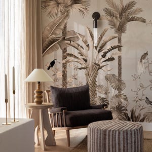 Tropical Trees Wallpaper Peel and Stick, Boho Beige Self Adhesive Coastal Wallpaper, Tropical Forest Wall Mural, Palm Leaves Removable Mural
