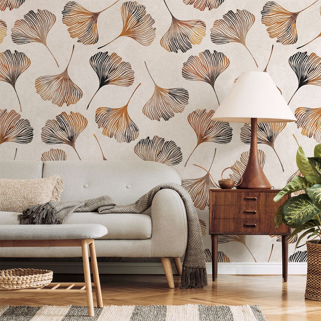 Gingko Leaves Wallpaper, Gingko Leaf Wall Mural, Farmhouse Botanical