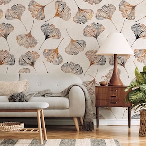 Gingko Leaves Wallpaper, Gingko Leaf Wall Mural, Farmhouse Botanical Mural, Self Adhesive, Peel and Stick, Contemporary Removable Wallpaper