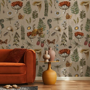 Vintage Woodland Wallpaper, Mushroom Wallpaper, Botanical Wallpaper Peel and Stick, Old Forest Wallpaper, Removable Self Adhesive Wall Mural