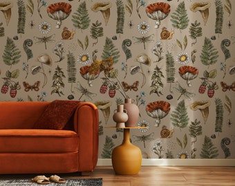 Vintage Mushroom Wallpaper: Woodland Botanical Peel and Stick Wall Mural