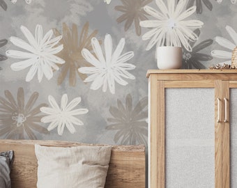 Neutral Boho Floral Wallpaper, Abstract Autumn Flowers Peel and Stick Wall Mural