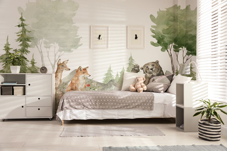 Watercolor Woodland Animals Wallpaper: Peel and Stick Nursery Mural - Etsy