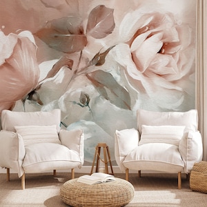 Abstract Roses Wallpaper, Floral Wallpaper Peel and Stick, Soft Colors Wallpaper, Watercolor Flowers Removable Wallpaper, Removable Mural