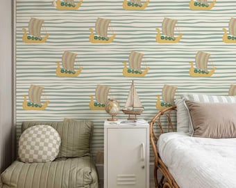Viking Ships Wallpaper: Scandinavian Nursery Decor, Peel and Stick