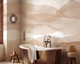 Boho Style Mountain Wallpaper, Abstract Boho Wallpaper, Peel and Stick, Neutral Brown Landscape Mural, Nursery Removable Self Adhesive Mural