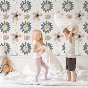Kids Wallpaper Peel and Stick, Scandinavian Nursery Floral Wallpaper, Nursery Room Wallpaper, Child Room Removable Self-Adhesive Wallpaper