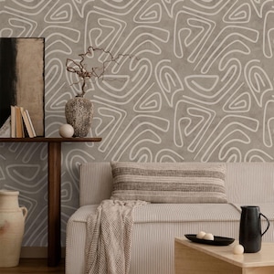 Abstract Brush Strokes Wallpaper, Peel and Stick, Neutral Minimalist Irregular Lines Removable Wallpaper, Boho Self Adhesive Wall Decor