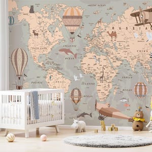 Kids Wallpaper, Peel and Stick or Traditional, Cute World Map with Hot Air Balloons Wall Mural, Educational Wallpaper,Nursery Room Wallpaper