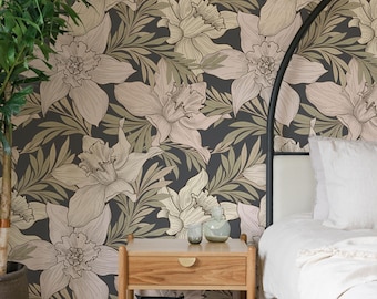 Magnolia Floral Wallpaper: Modern Dark Green Leaves, Peel and Stick