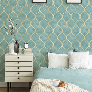 Green and Gold Geometric Self Adhesive Wallpaper, Removable Luxury Wall Decor, Peel and Stick and Traditional Wallpaper, Art Deco Wall Mural