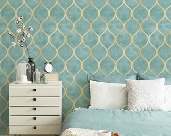 Green and Gold Geometric Self Adhesive Wallpaper, Removable Luxury Wall Decor, Peel and Stick and Traditional Wallpaper, Art Deco Wall Mural