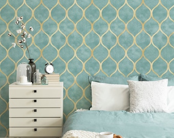 Green and Gold Geometric Wallpaper: Art Deco Peel and Stick