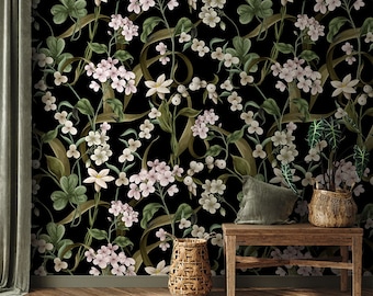 Dark Floral Peel and Stick Wallpaper: Botanical Wall Mural