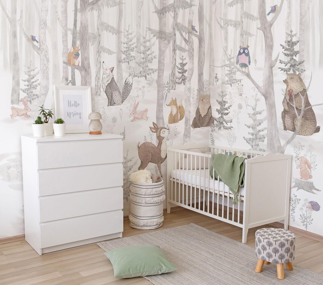 Woodland Animals Peel and Stick Wallpaper: Neutral Forest Nursery Mural ...