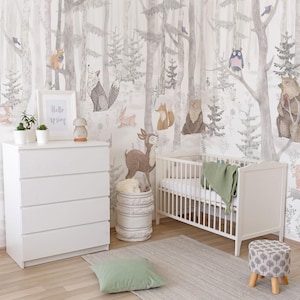 Forest Wallpaper Peel and Stick, Woodland Animals Kids Wall Mural, Neutral Nursery Wallpaper, Forest Animals Self Adhesive Mural, Removable