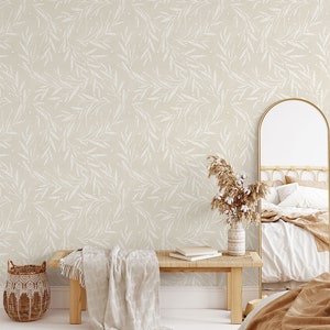 Neutral Boho Beige Wallpaper, Muted Minimalist Leaves Wall Mural, In Light Tones Wall Mural, Peel and Stick, Self-Adhesive Removable